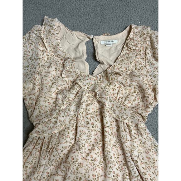 American Eagle Mini Dress Small Milkmaid Ruffle Long Sleeve Floral Pink Cottage - Picture 2 of 16